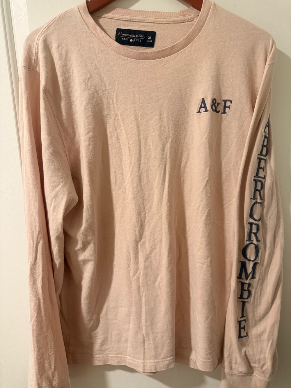 Abercrombie & Fitch Men’s Long-Sleeve Tee - Light Blush with Navy Logo